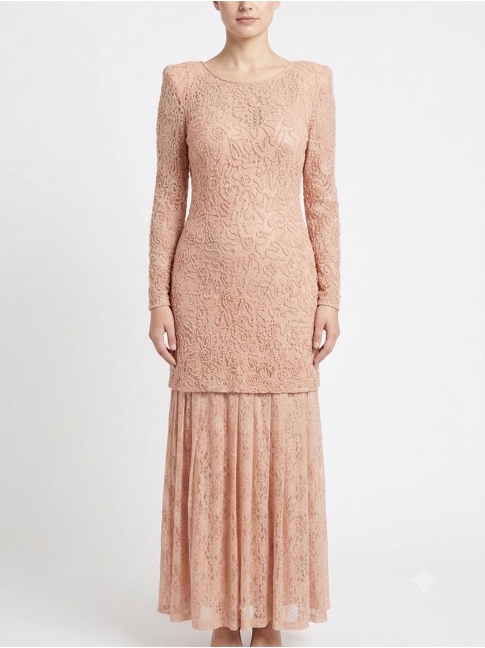 Marie St. Claire Vintage Lace Beaded Long Sleeve Maxi Dress Peach Formal 10
